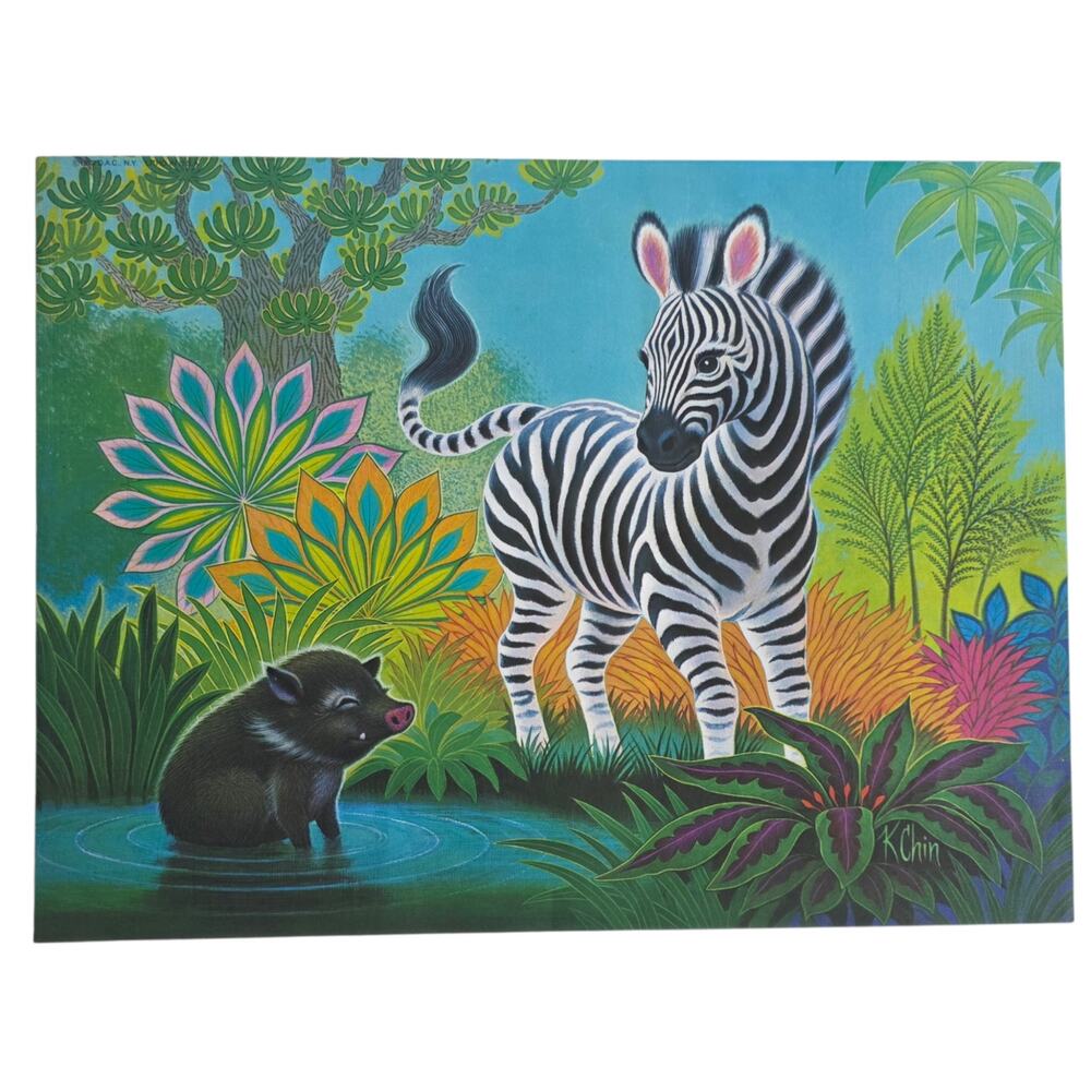 Vintage 1973 K Chin Zebra Tiger Jungle Art Prints Pair 12x9 Tropical - Picture 3 of 8